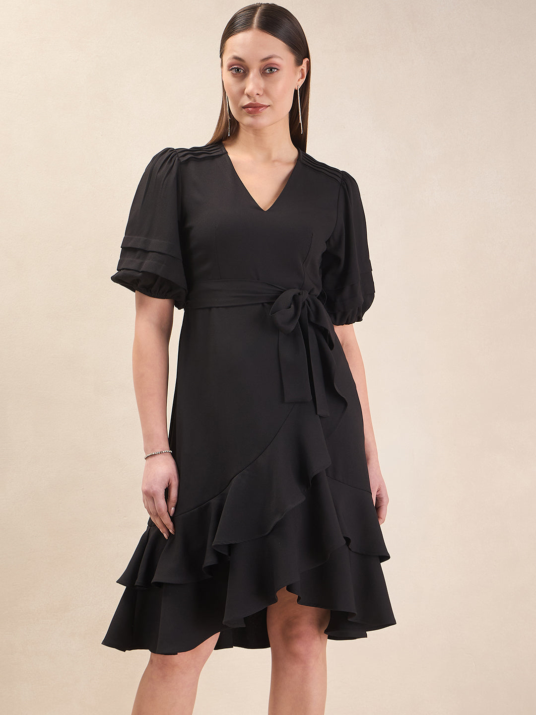 Black Ruffle Detail Midi Dress
