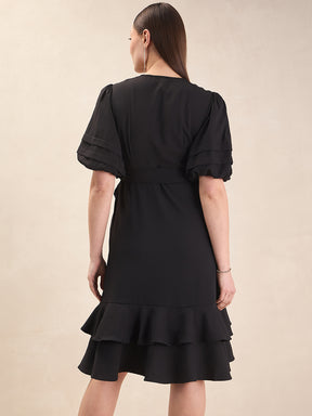 Black Ruffle Detail Midi Dress