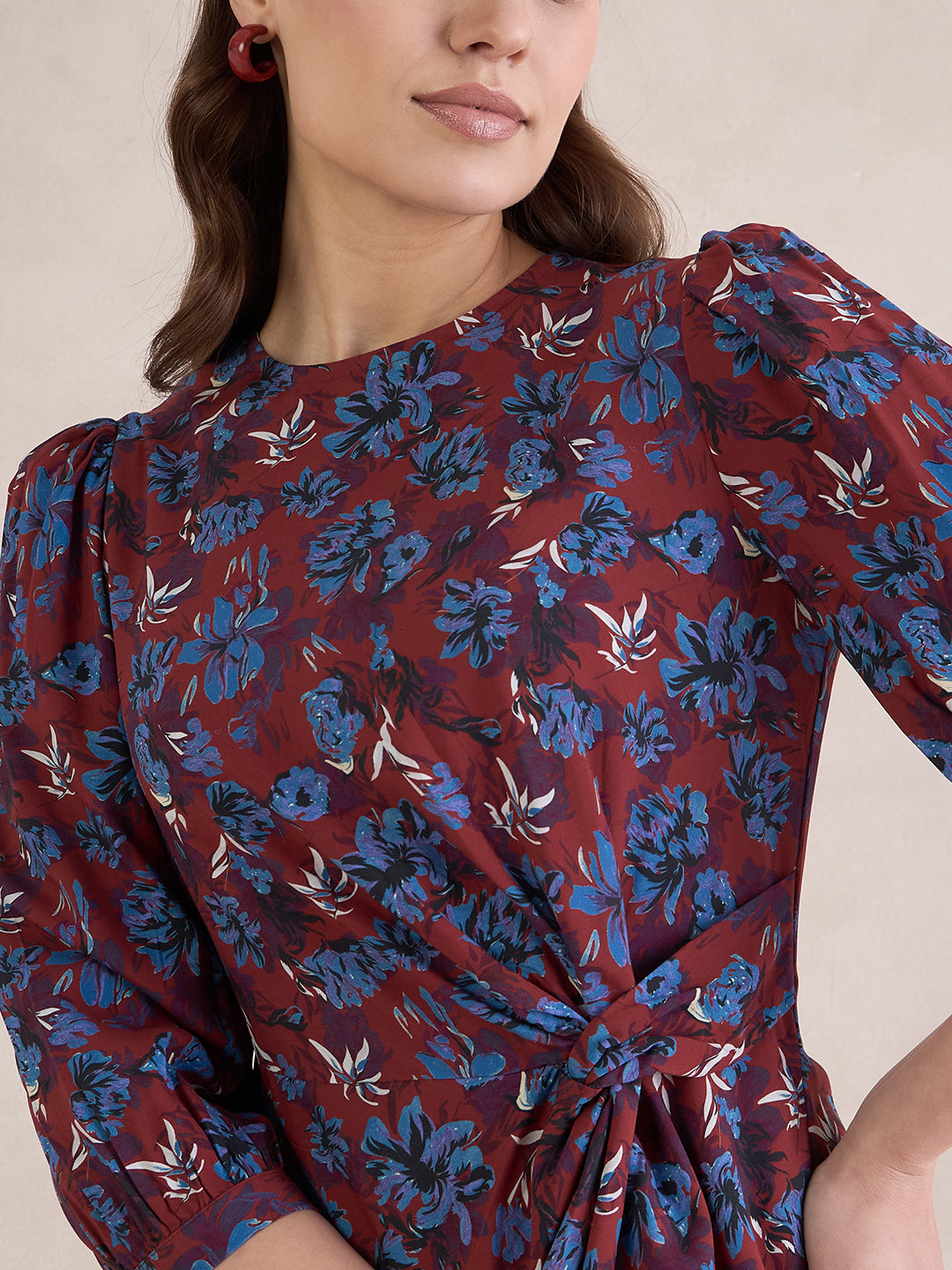 Red Floral Print Knotted Knee Length Dress