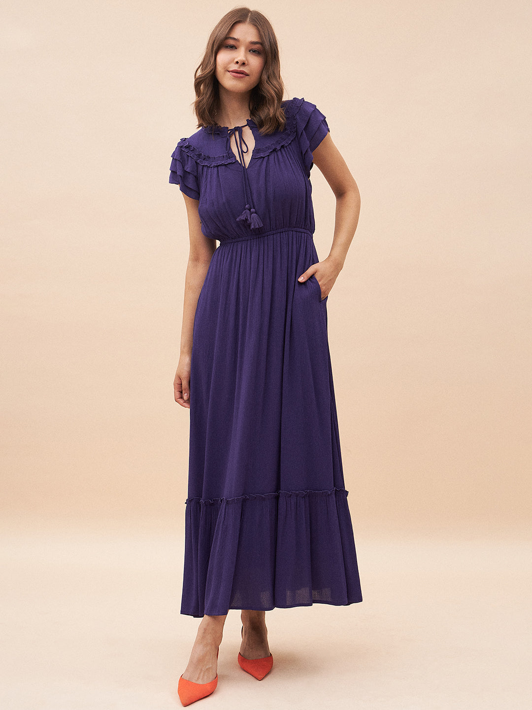 Purple Ruffle Detailing Tiered Maxi Dress
