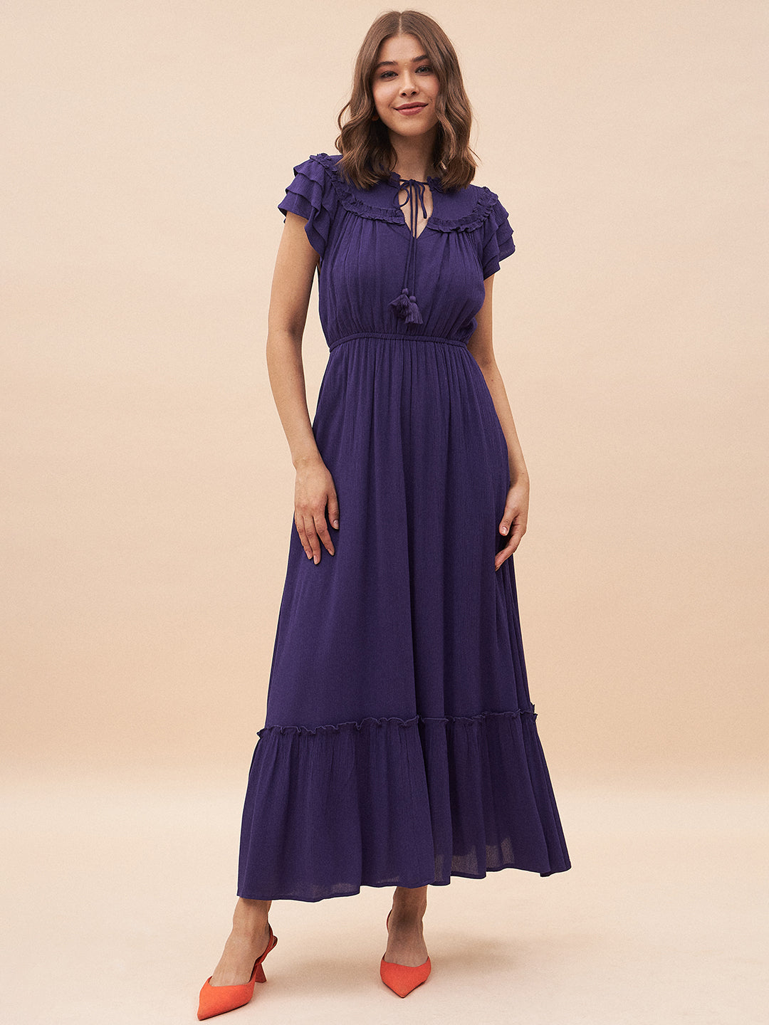 Purple Ruffle Detailing Tiered Maxi Dress