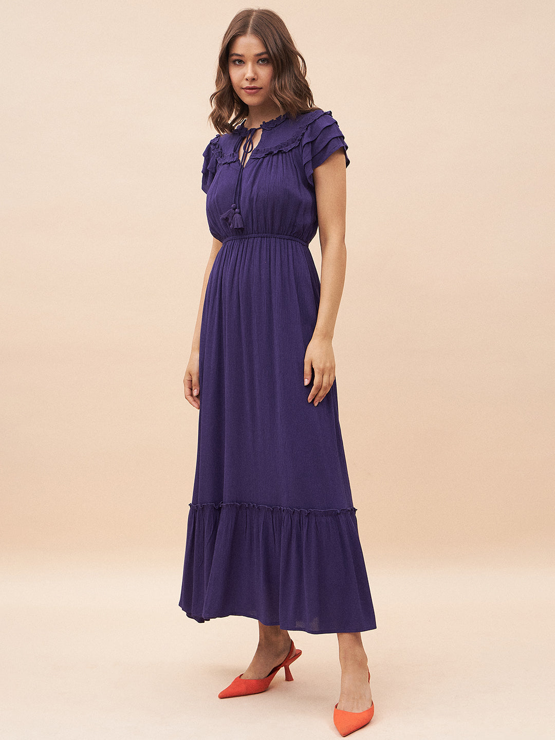 Purple Ruffle Detailing Tiered Maxi Dress