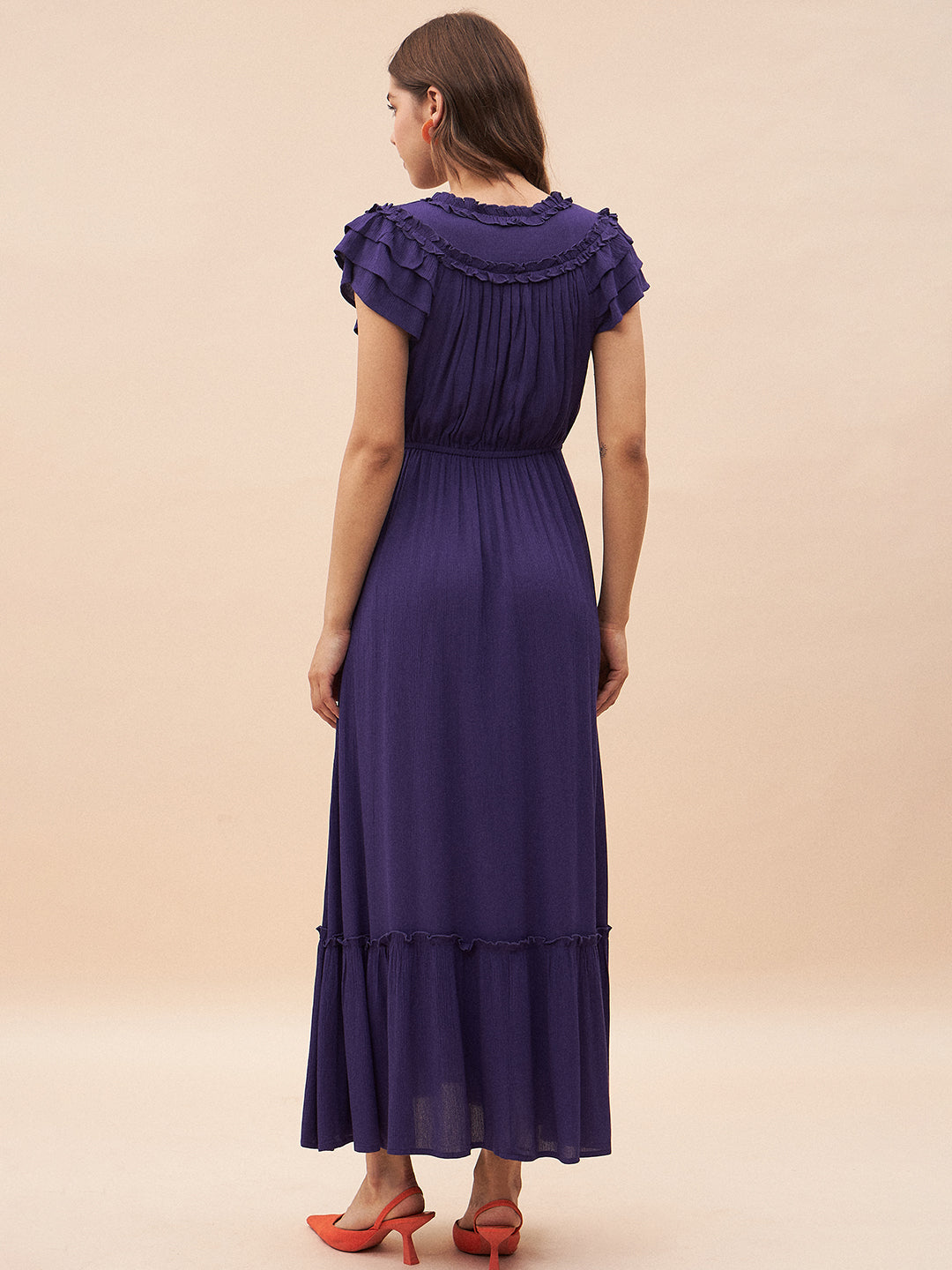 Purple Ruffle Detailing Tiered Maxi Dress