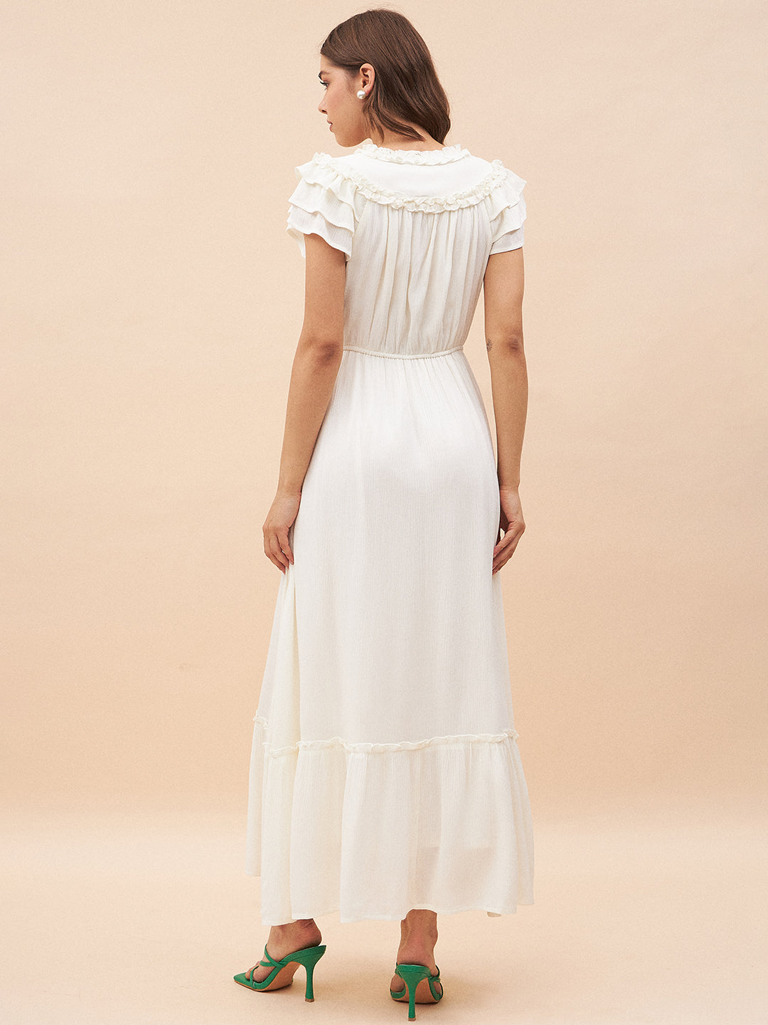 Off White Ruffle Detailing Tiered Maxi Dress