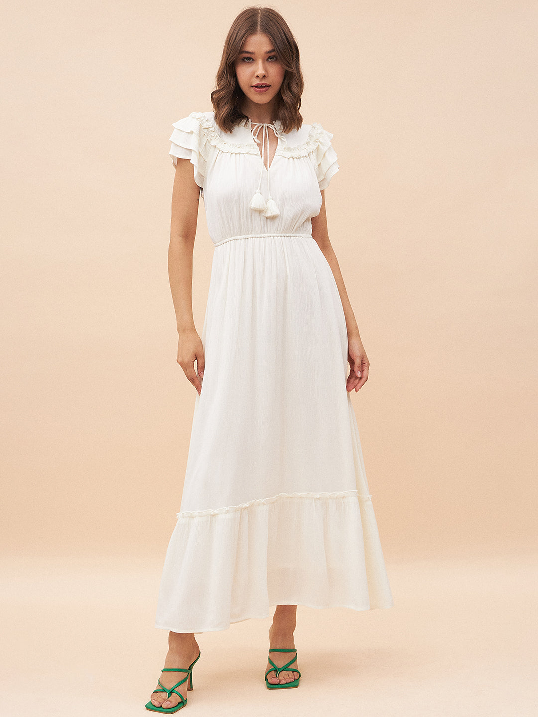 Off White Ruffle Detailing Tiered Maxi Dress