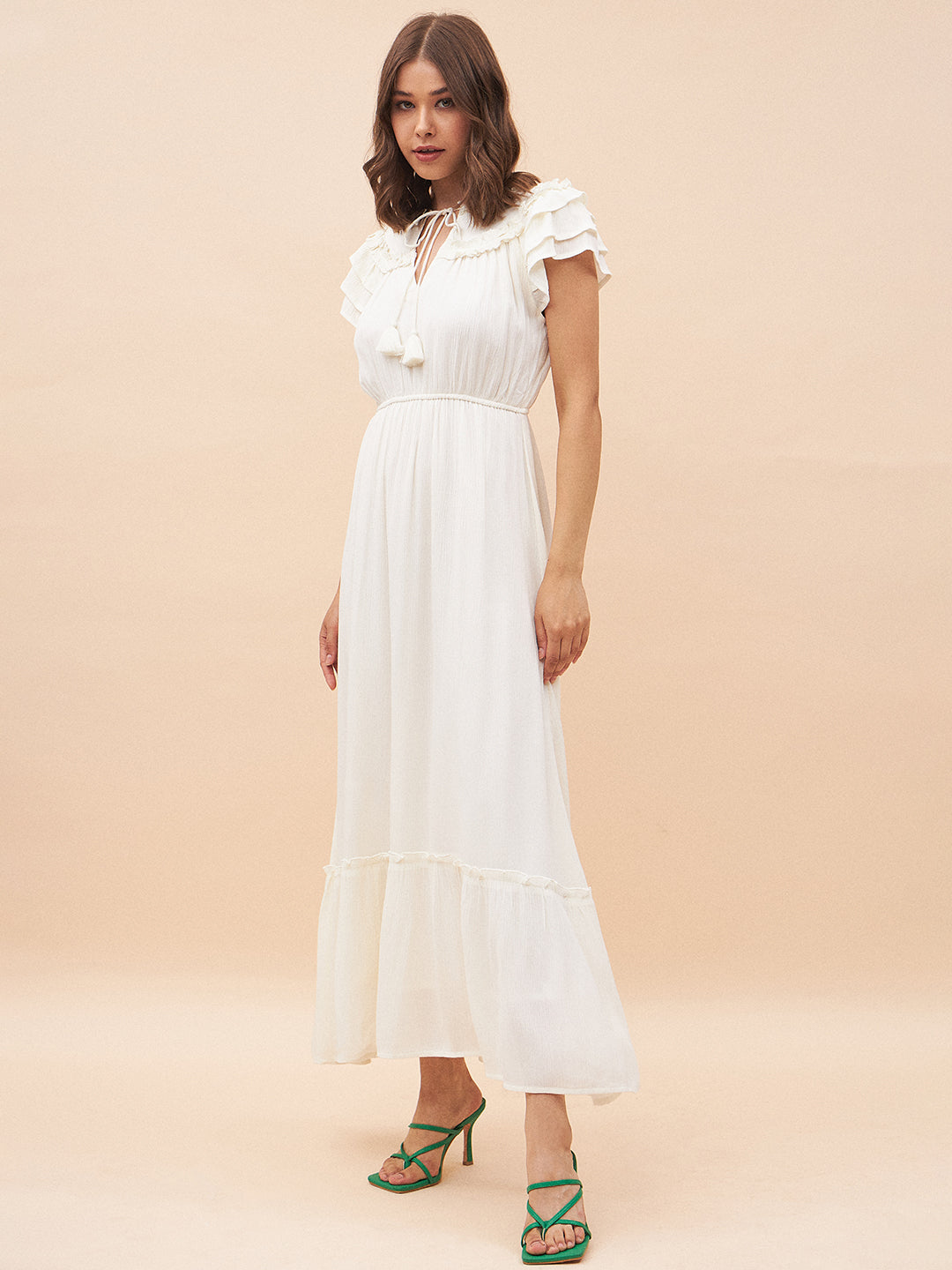 Off White Ruffle Detailing Tiered Maxi Dress