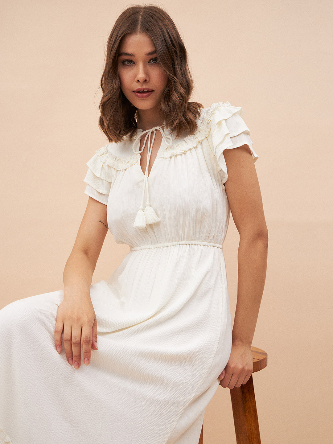 Off White Ruffle Detailing Tiered Maxi Dress