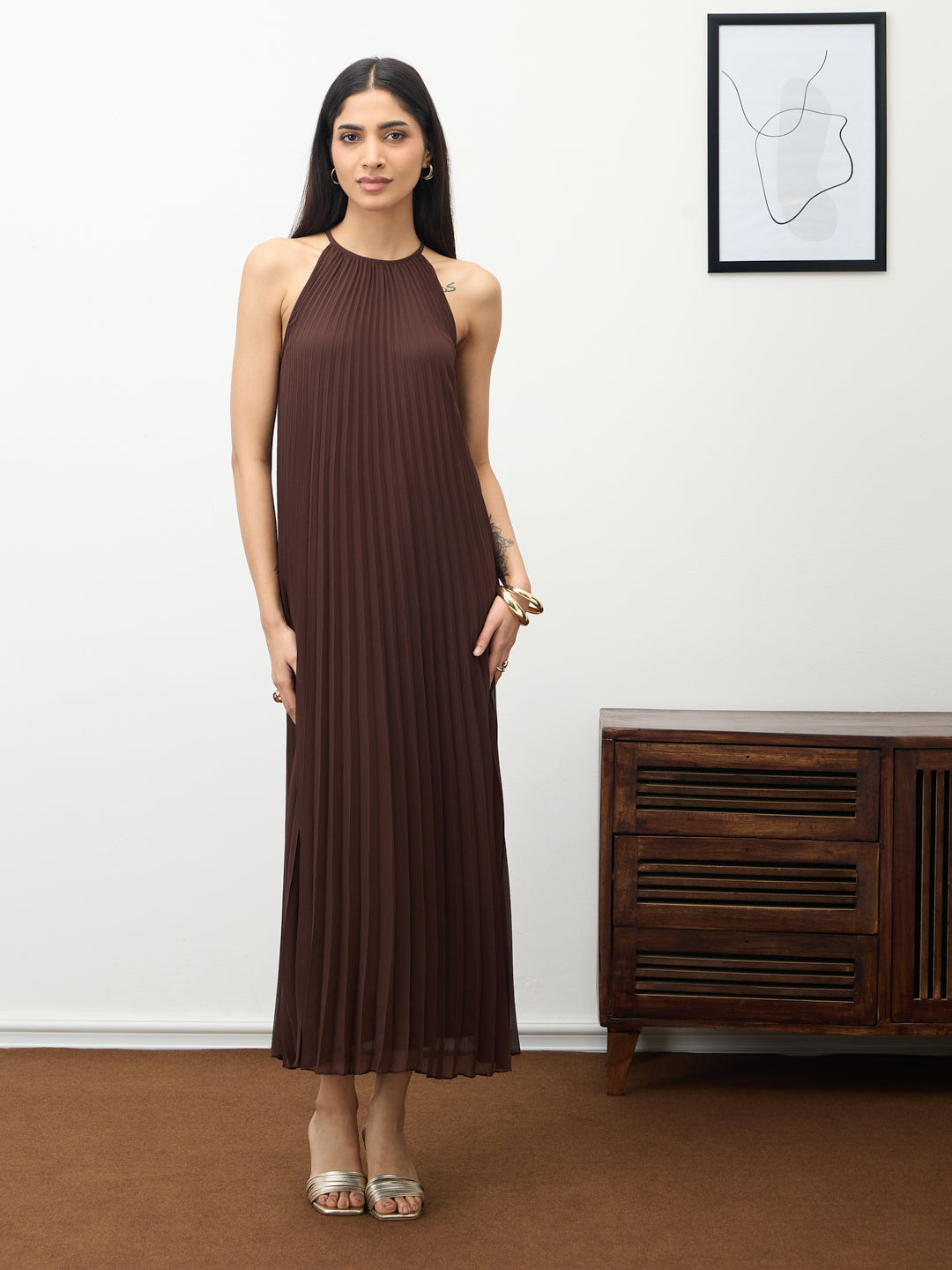 Coffee Brown Halter Neck Pleated Maxi Dress
