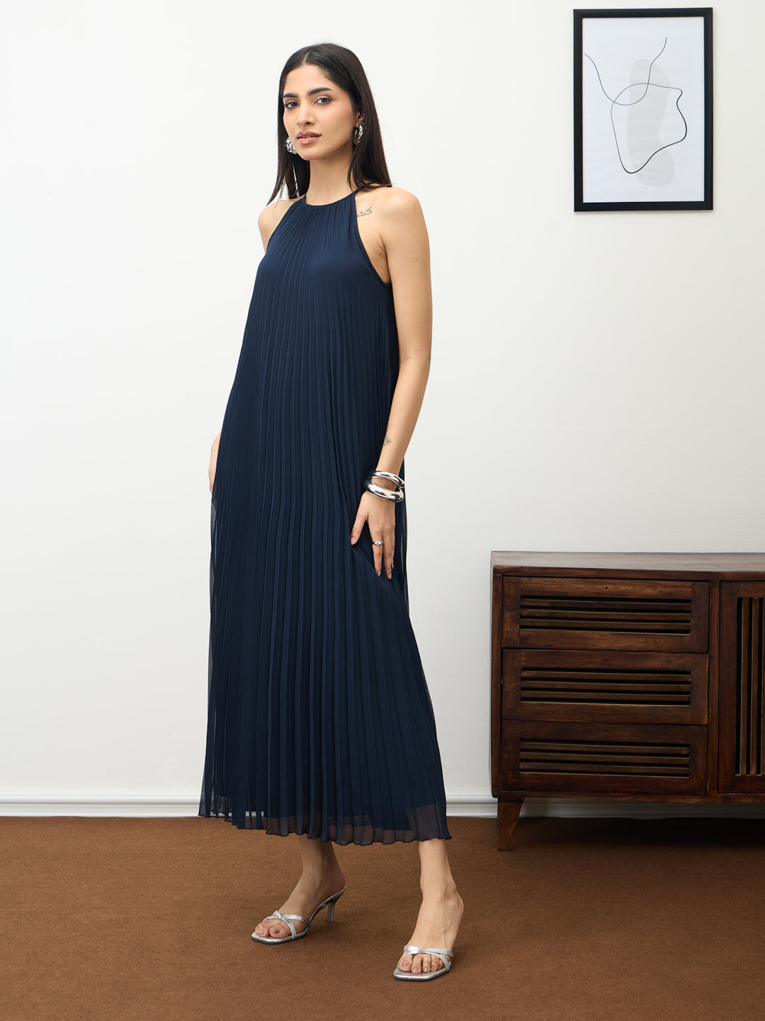 Navy Halter Neck Pleated Maxi Dress