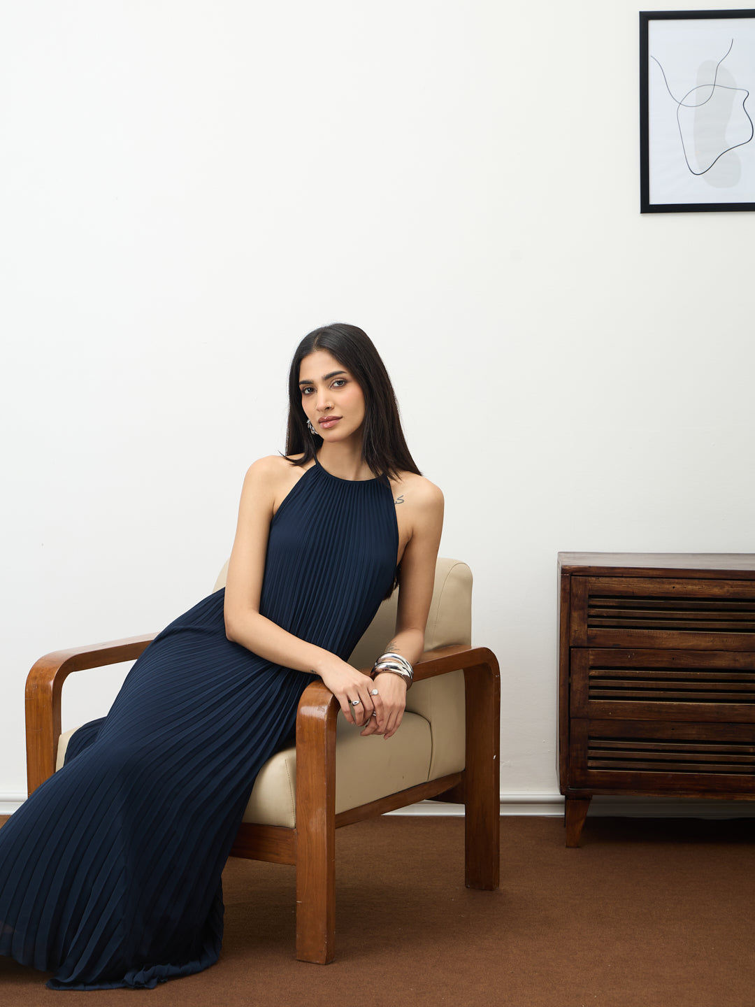 Navy Halter Neck Pleated Maxi Dress