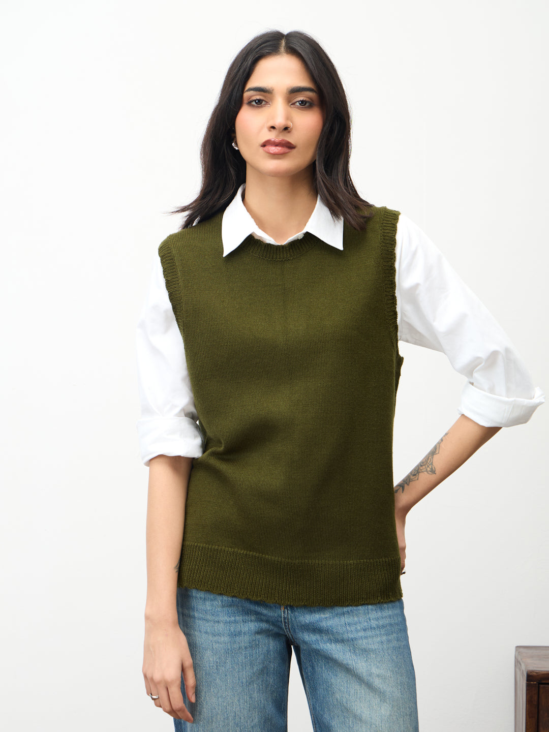 Olive Scallop Detail Sweater Vest
