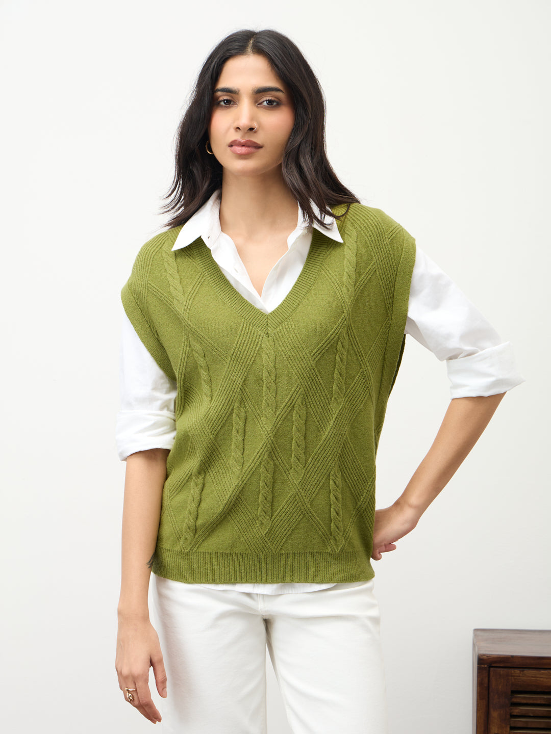 Citrine Green Cable Knit Sweater Vest