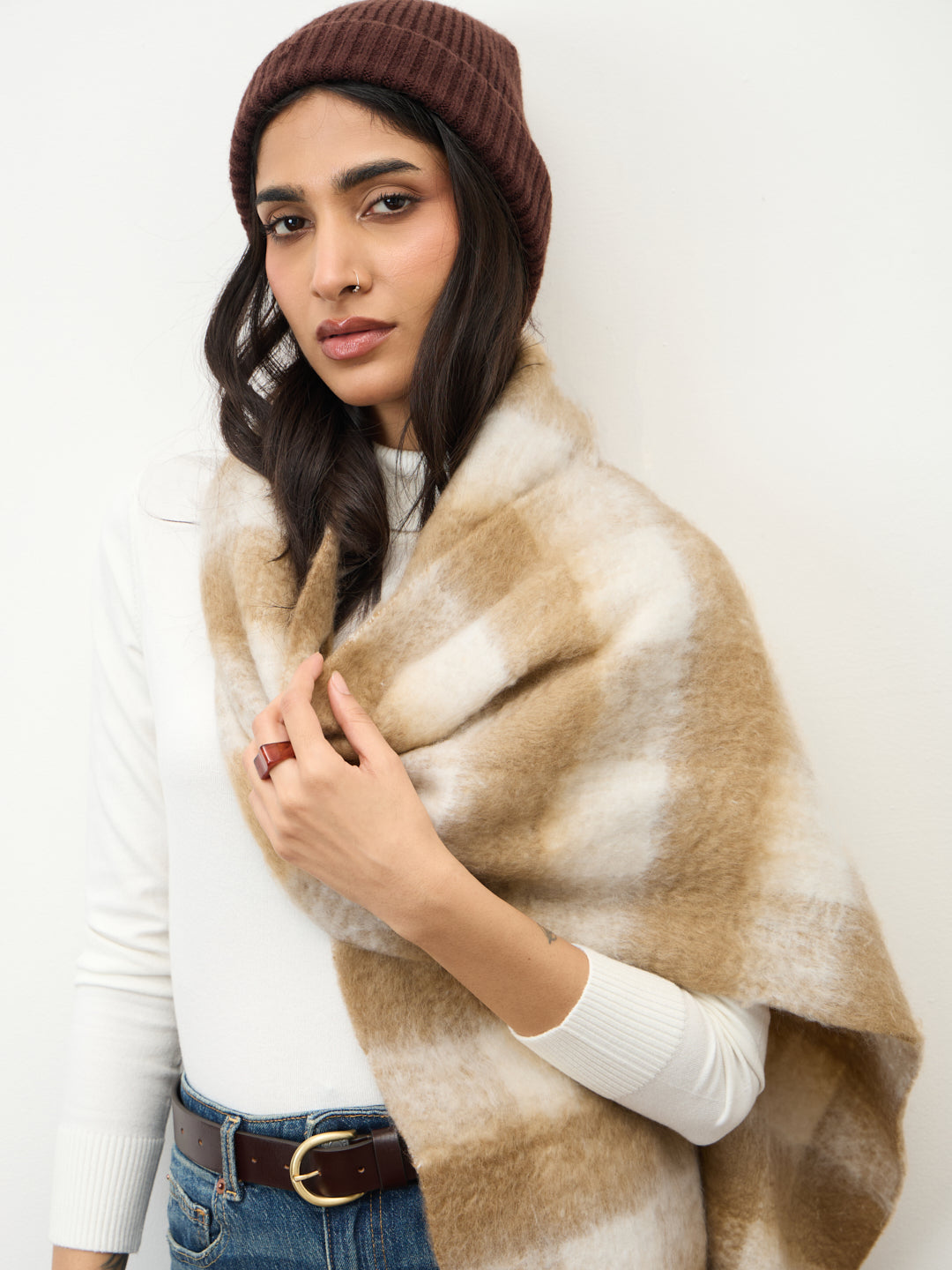 Beige Check Fringed Scarf
