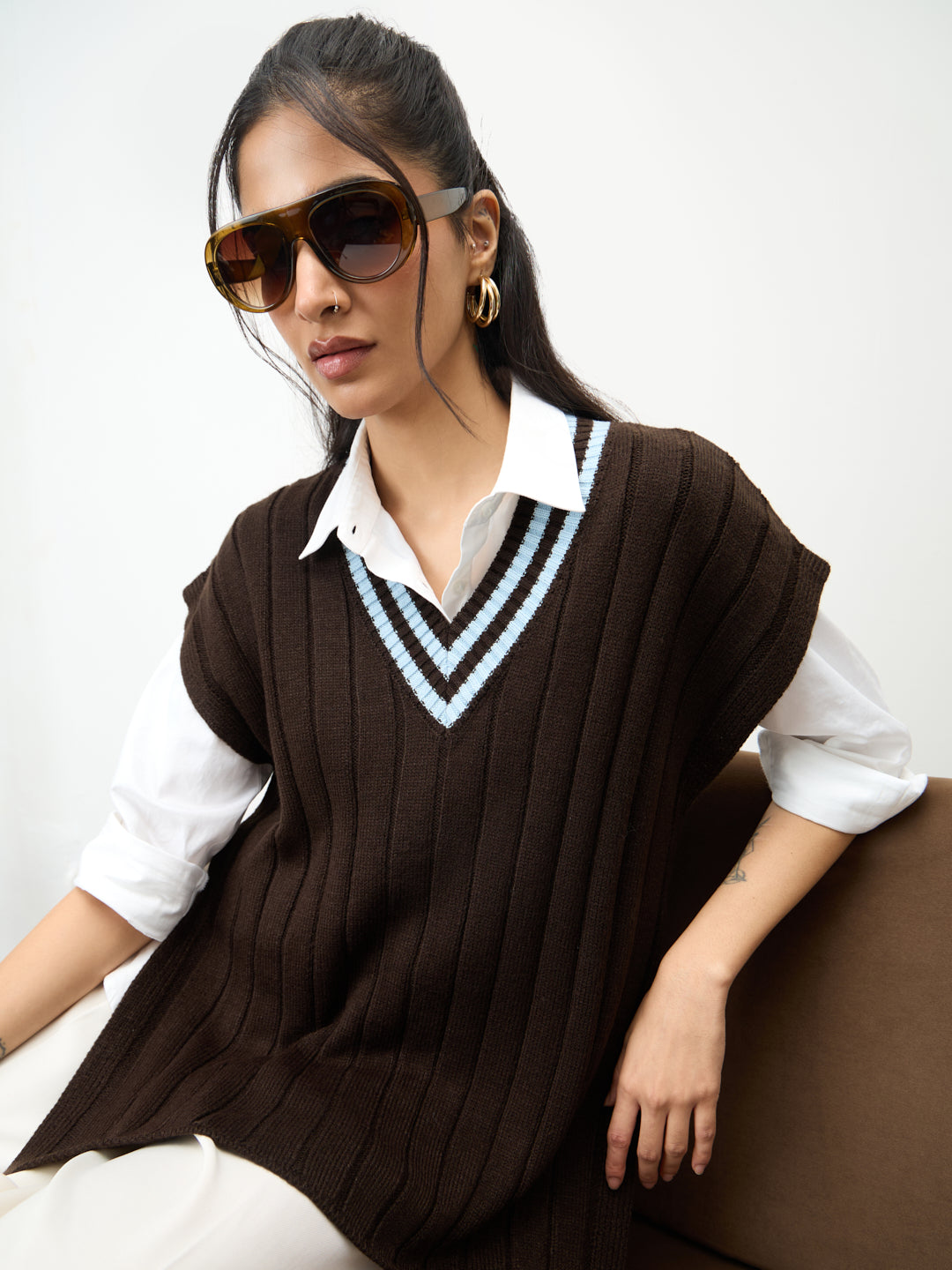 Coffee Brown Colorblock Sweater Vest