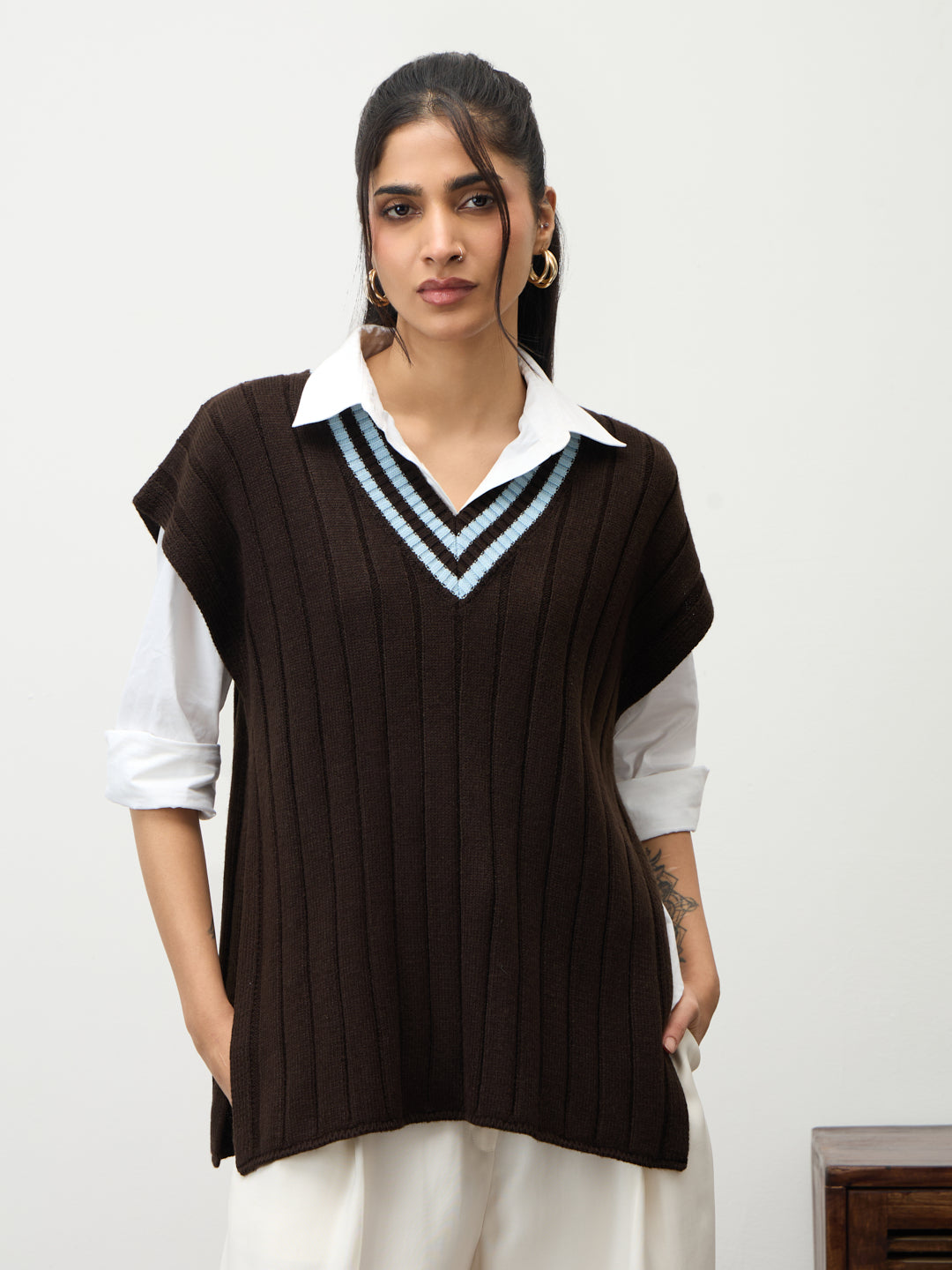 Coffee Brown Colorblock Sweater Vest