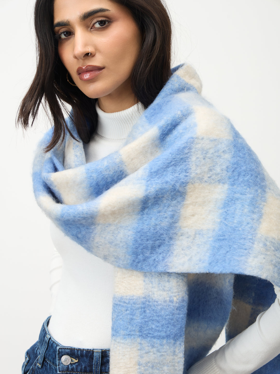 Blue Check Fringed Scarf