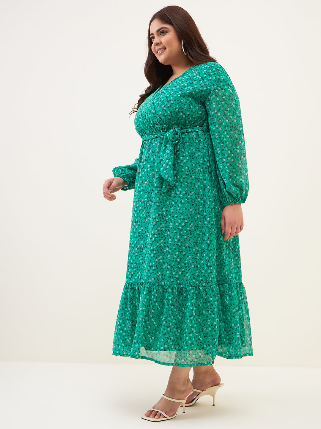 Green ditsy floral printed tiered maxi dress