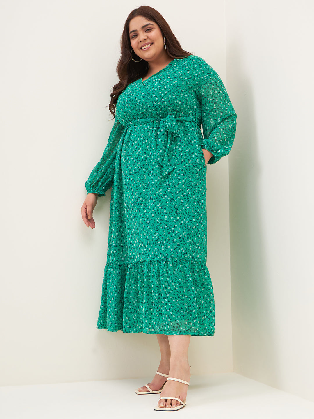 Green ditsy floral printed tiered maxi dress