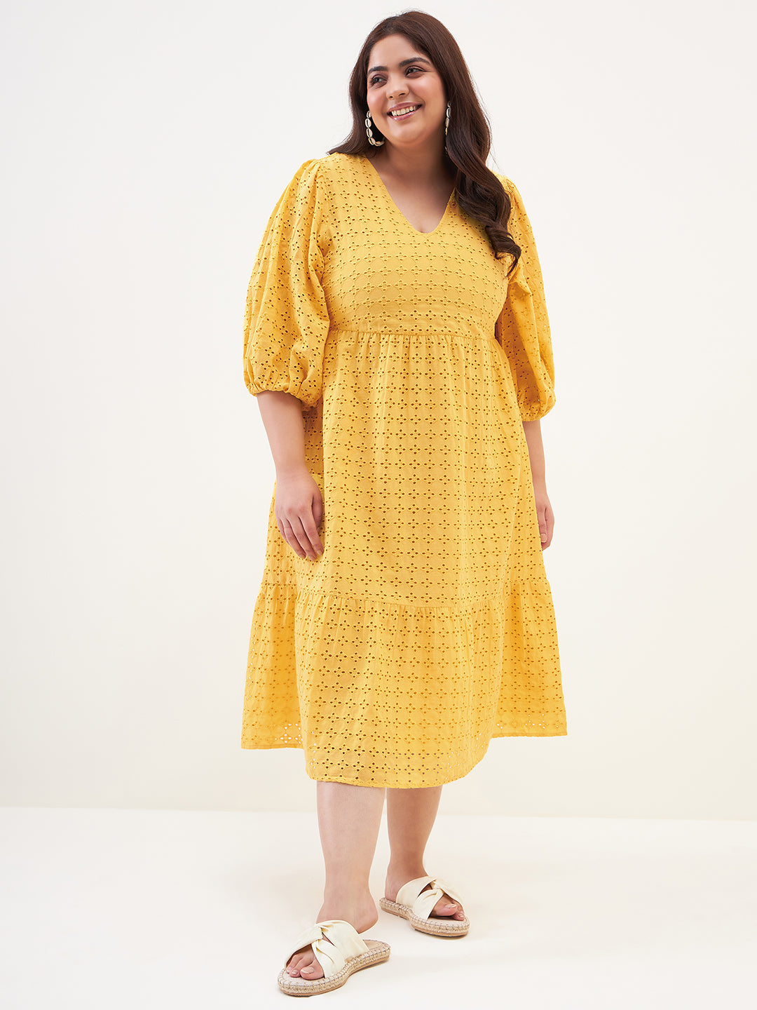 Yellow Cotton Schiffli Midi Dress