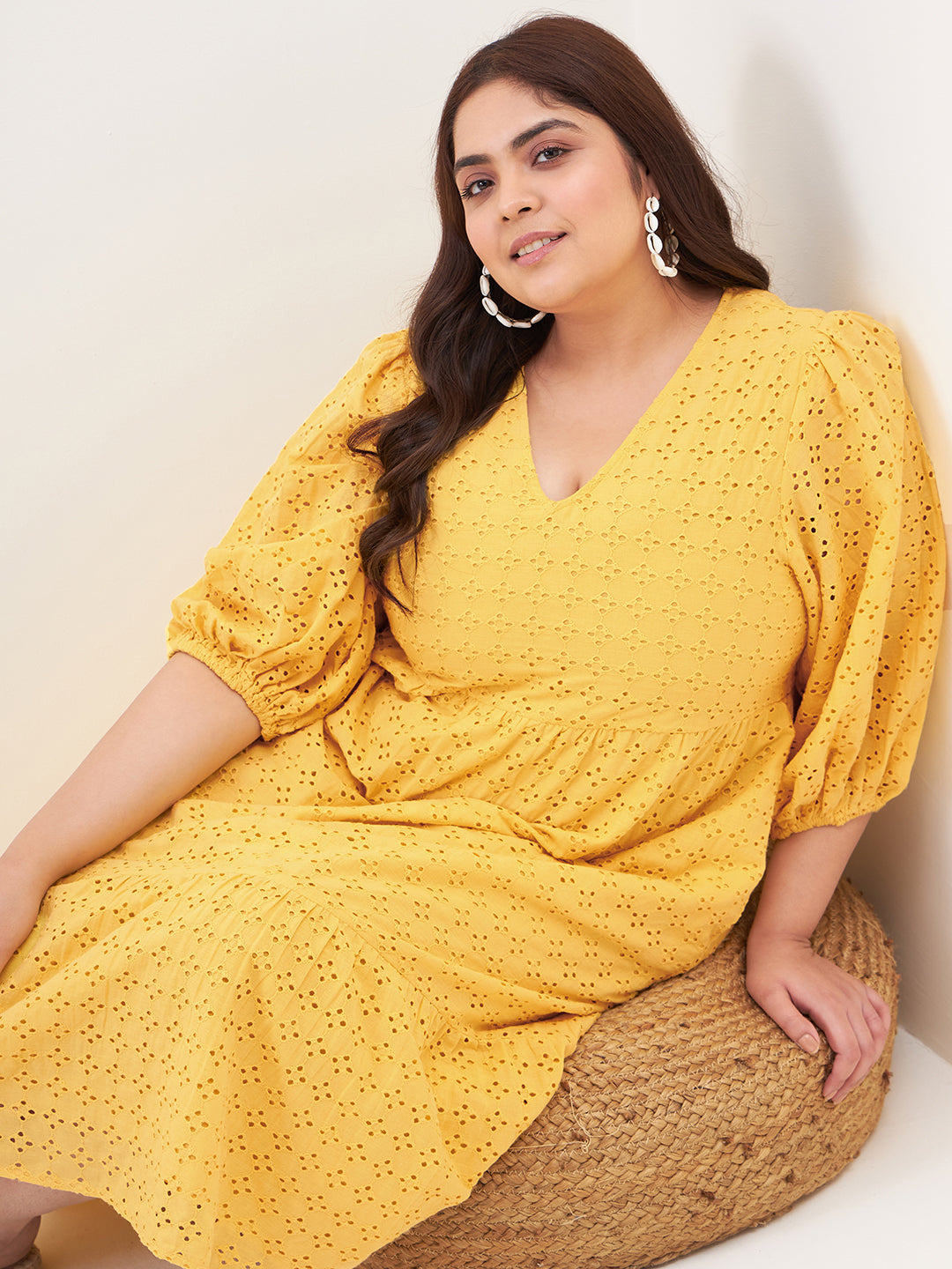 Yellow Cotton Schiffli Midi Dress