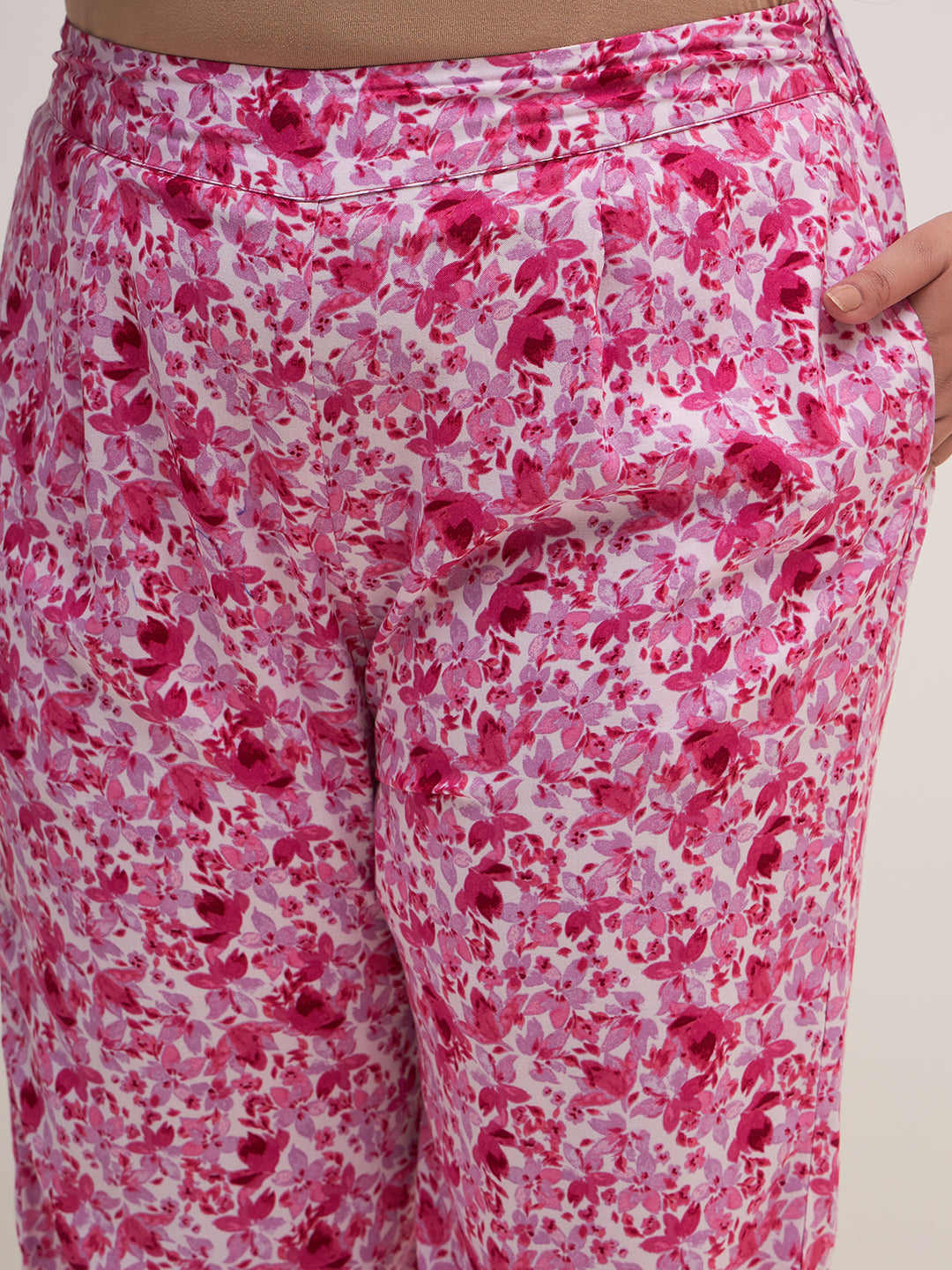 Pink Floral Print Lace Detail Coord Set