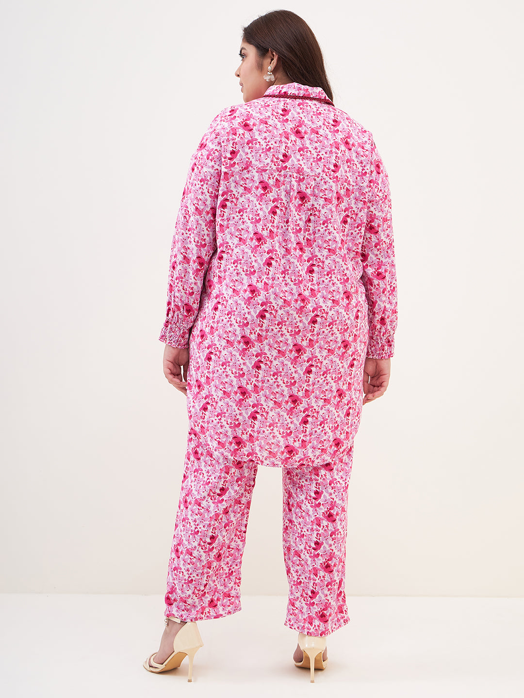 Pink Floral Print Lace Detail Coord Set