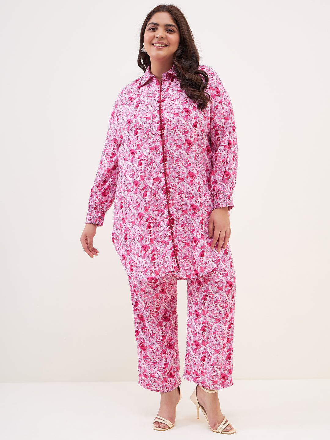 Pink Floral Print Lace Detail Coord Set