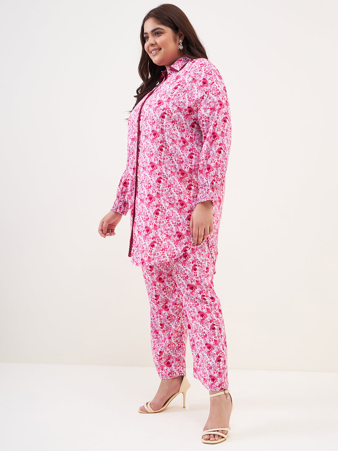 Pink Floral Print Lace Detail Coord Set