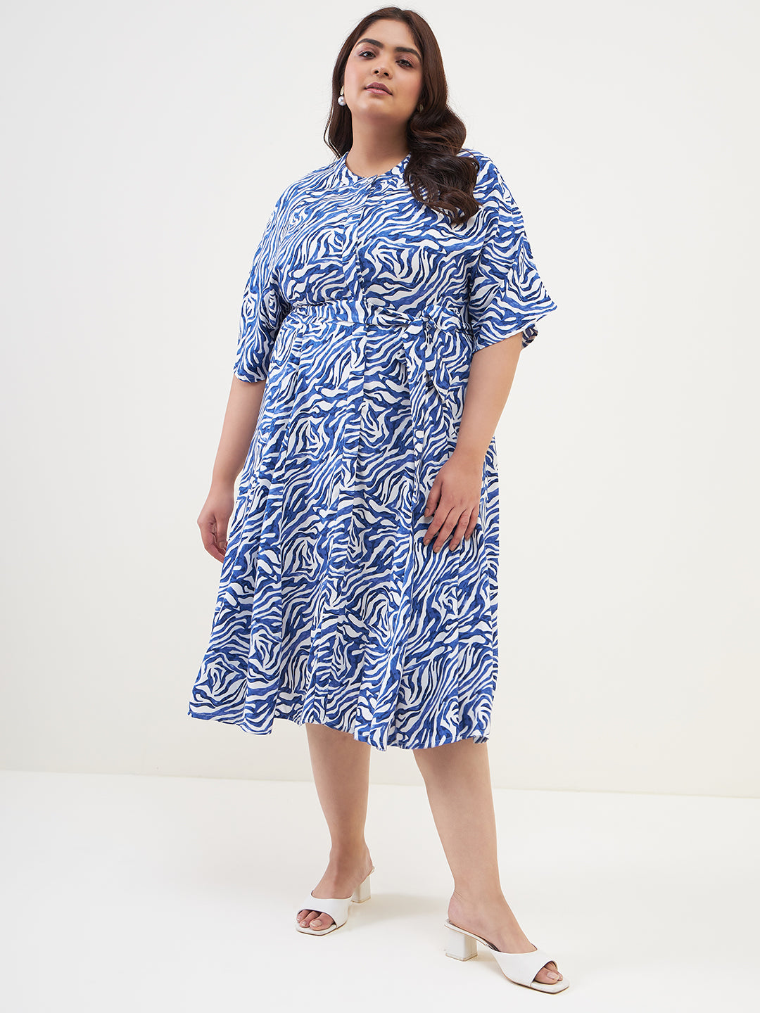 Blue Zebra Print Tiered Midi Dress