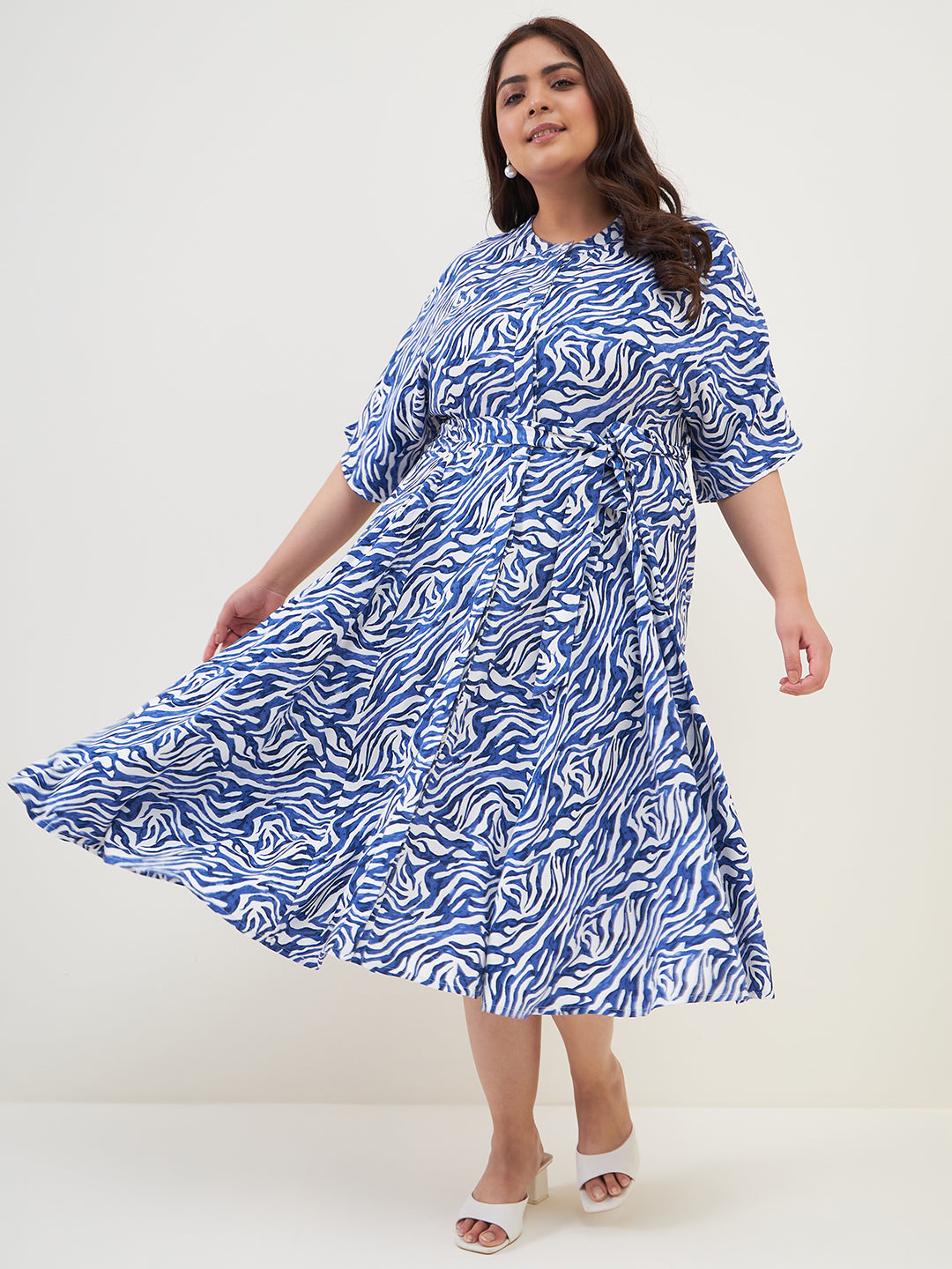 Blue Zebra Print Tiered Midi Dress
