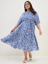 Blue Zebra Print Tiered Midi Dress