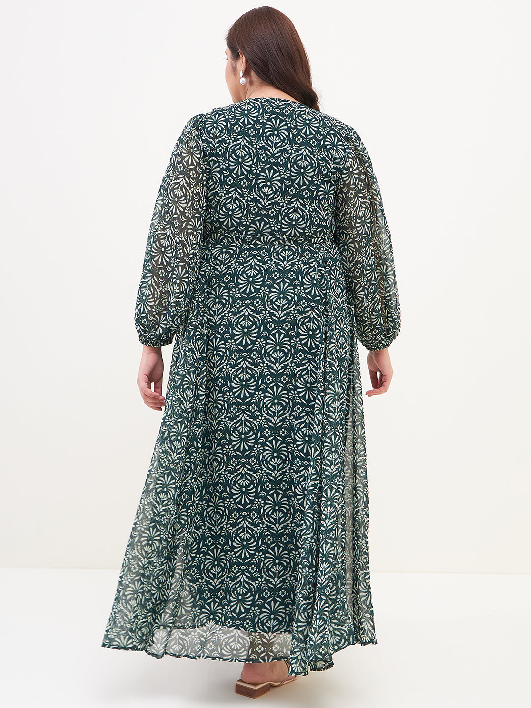 Green Floral Printed Wrap Maxi Dress