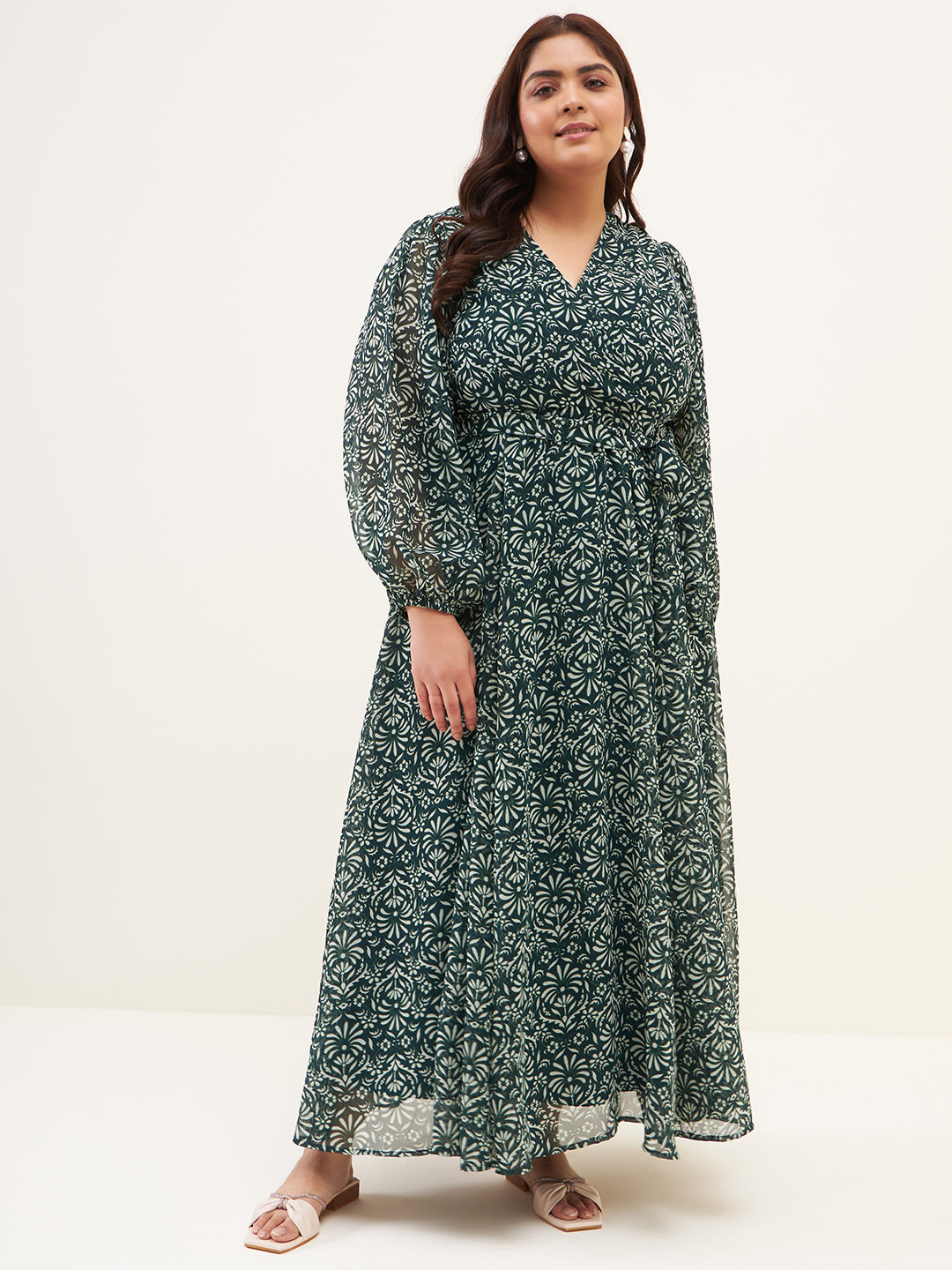 Green Floral Printed Wrap Maxi Dress