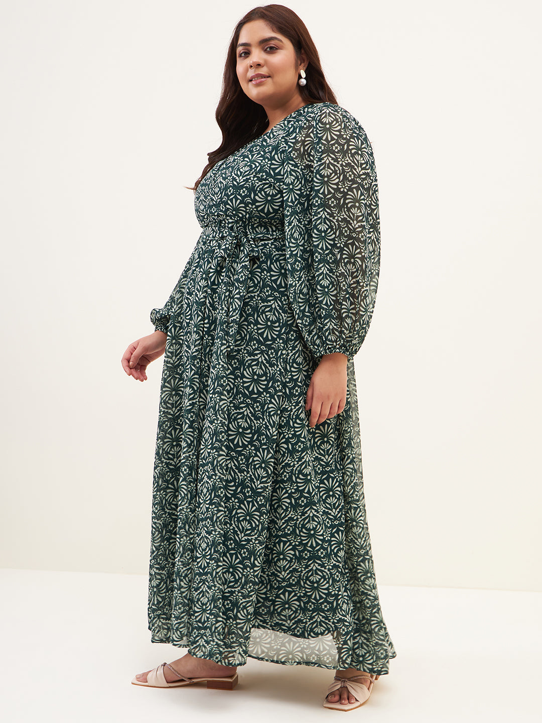 Green Floral Printed Wrap Maxi Dress