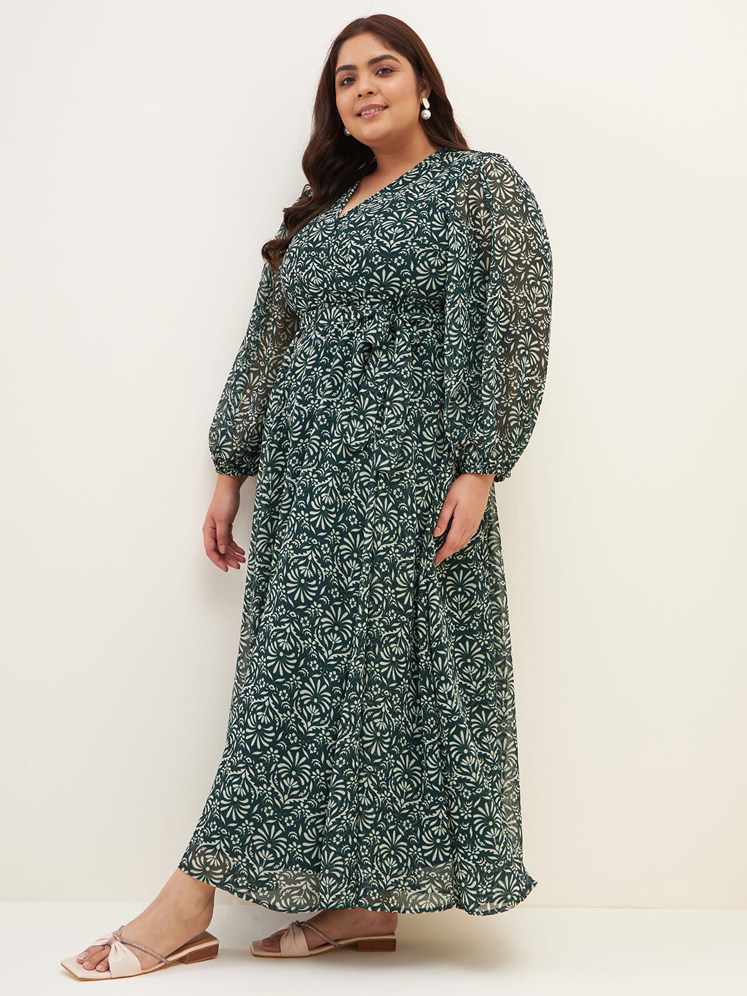 Green Floral Printed Wrap Maxi Dress