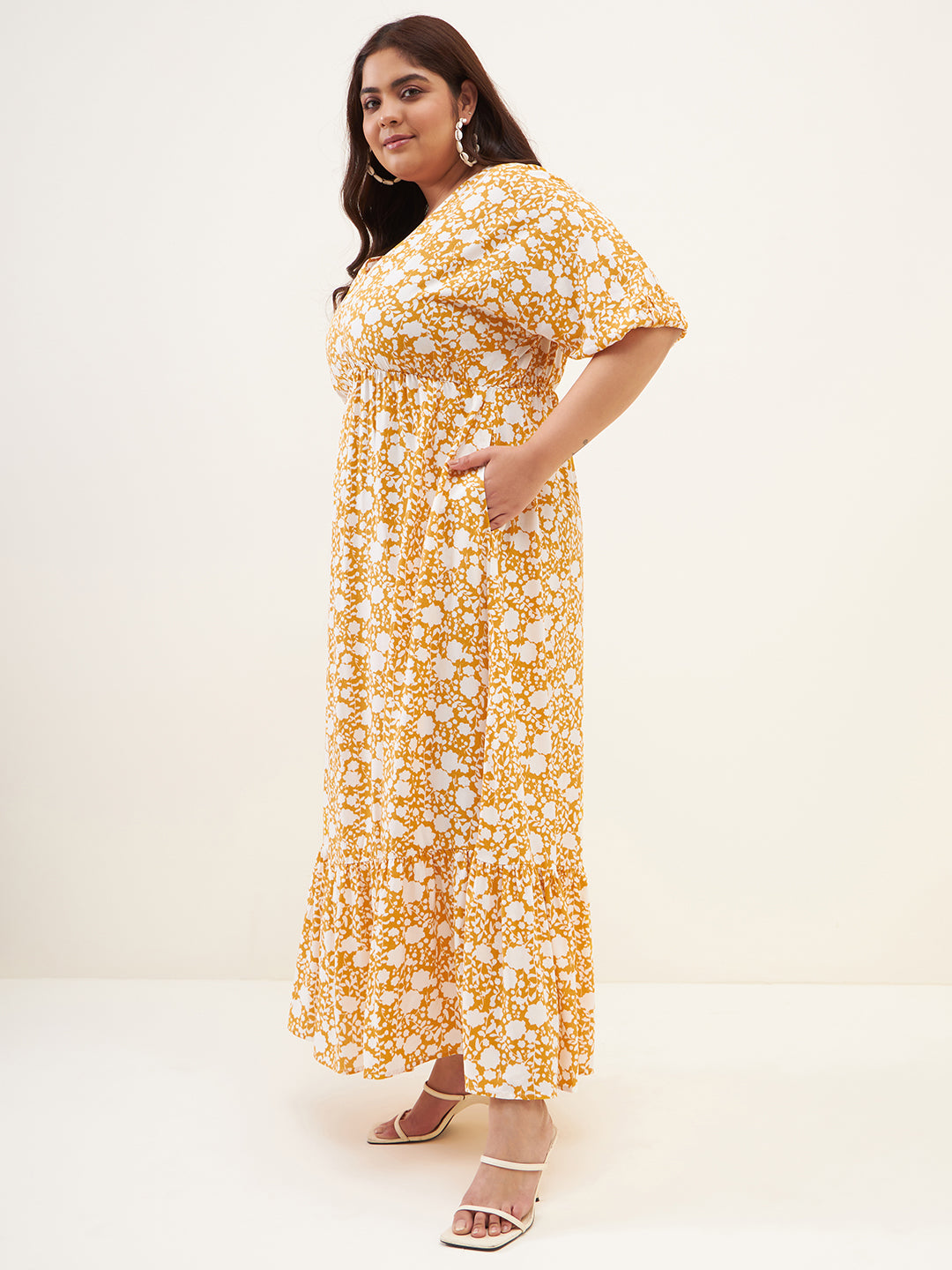 Mustard And White Floral Kimono Maxi Dress