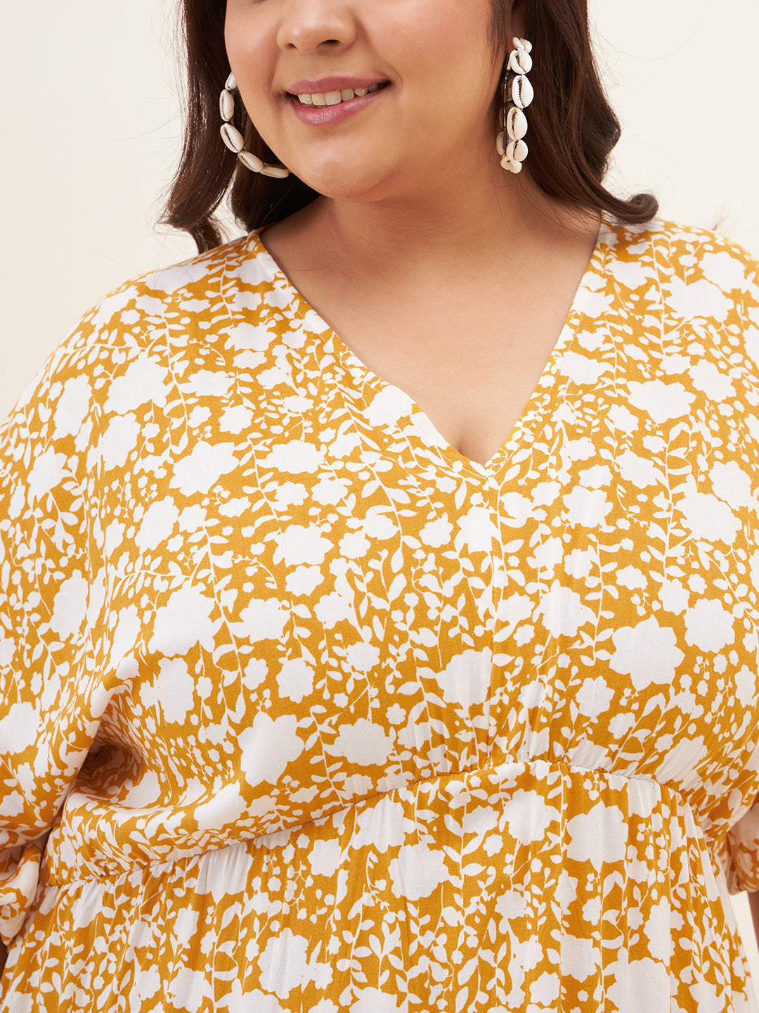 Mustard And White Floral Kimono Maxi Dress