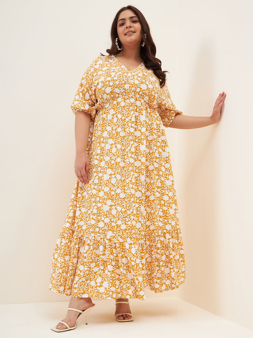 Mustard And White Floral Kimono Maxi Dress