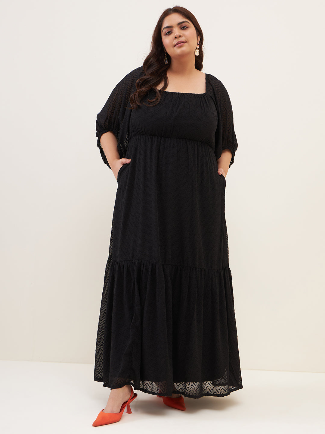 Black Dobby Ruched Tiered Maxi Dress