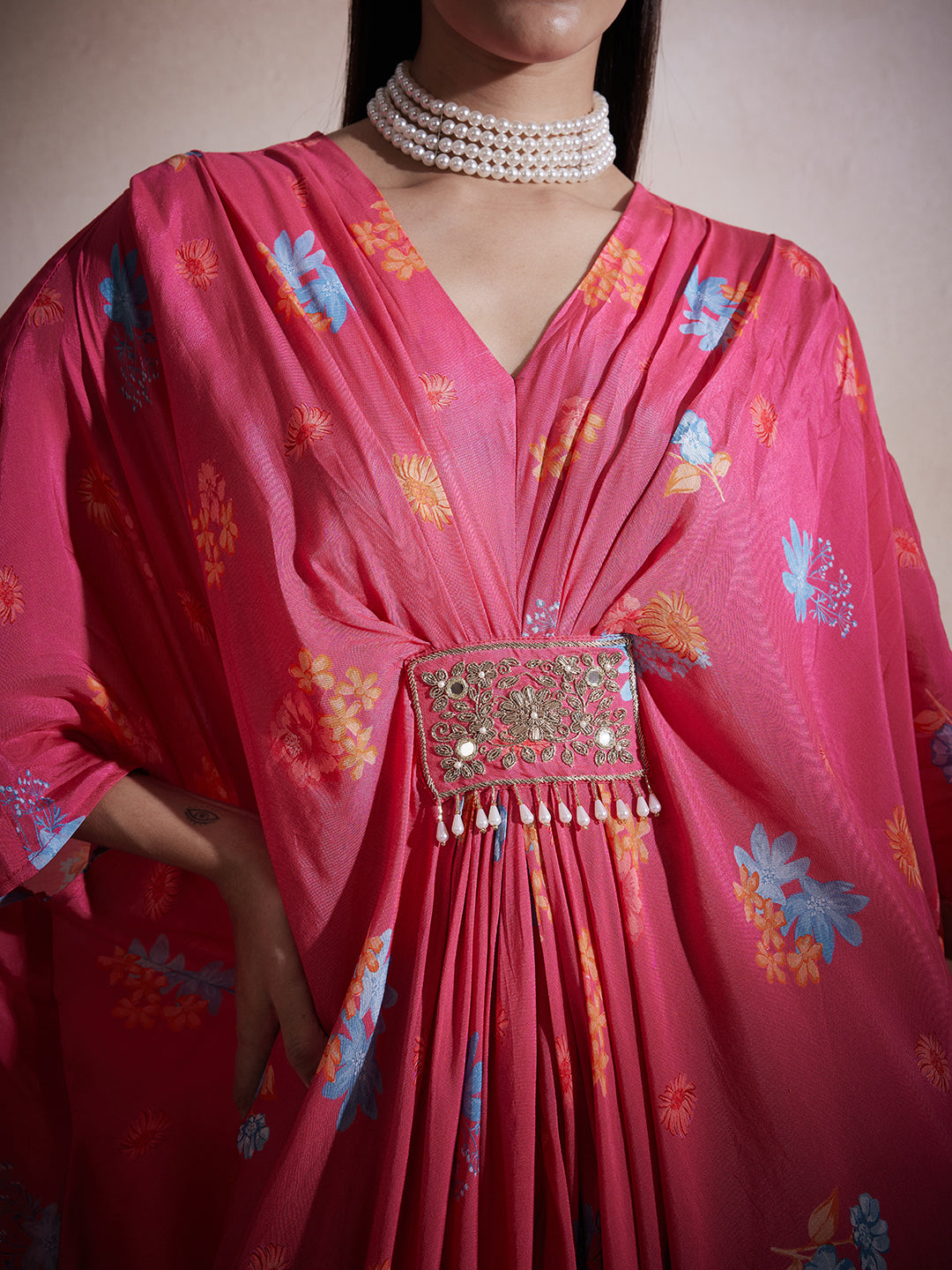 Pink Floral embellished kaftan