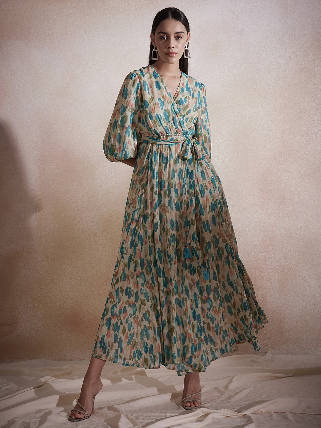 Beige Abstract Lurex Wrap Maxi Dress