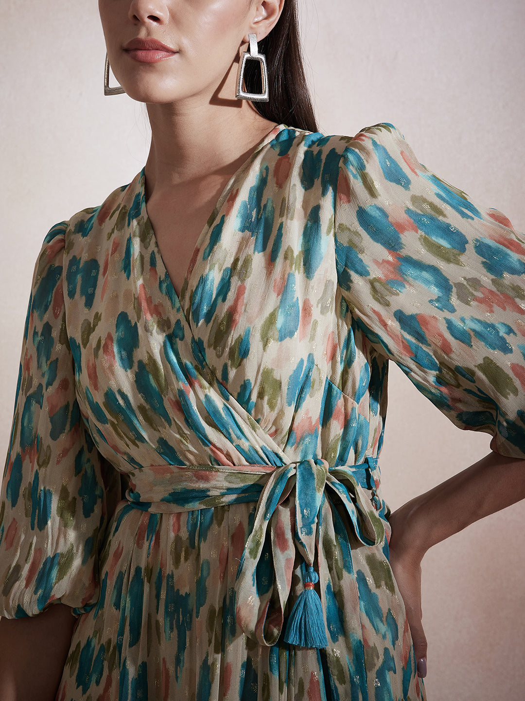 Beige Abstract Lurex Wrap Maxi Dress