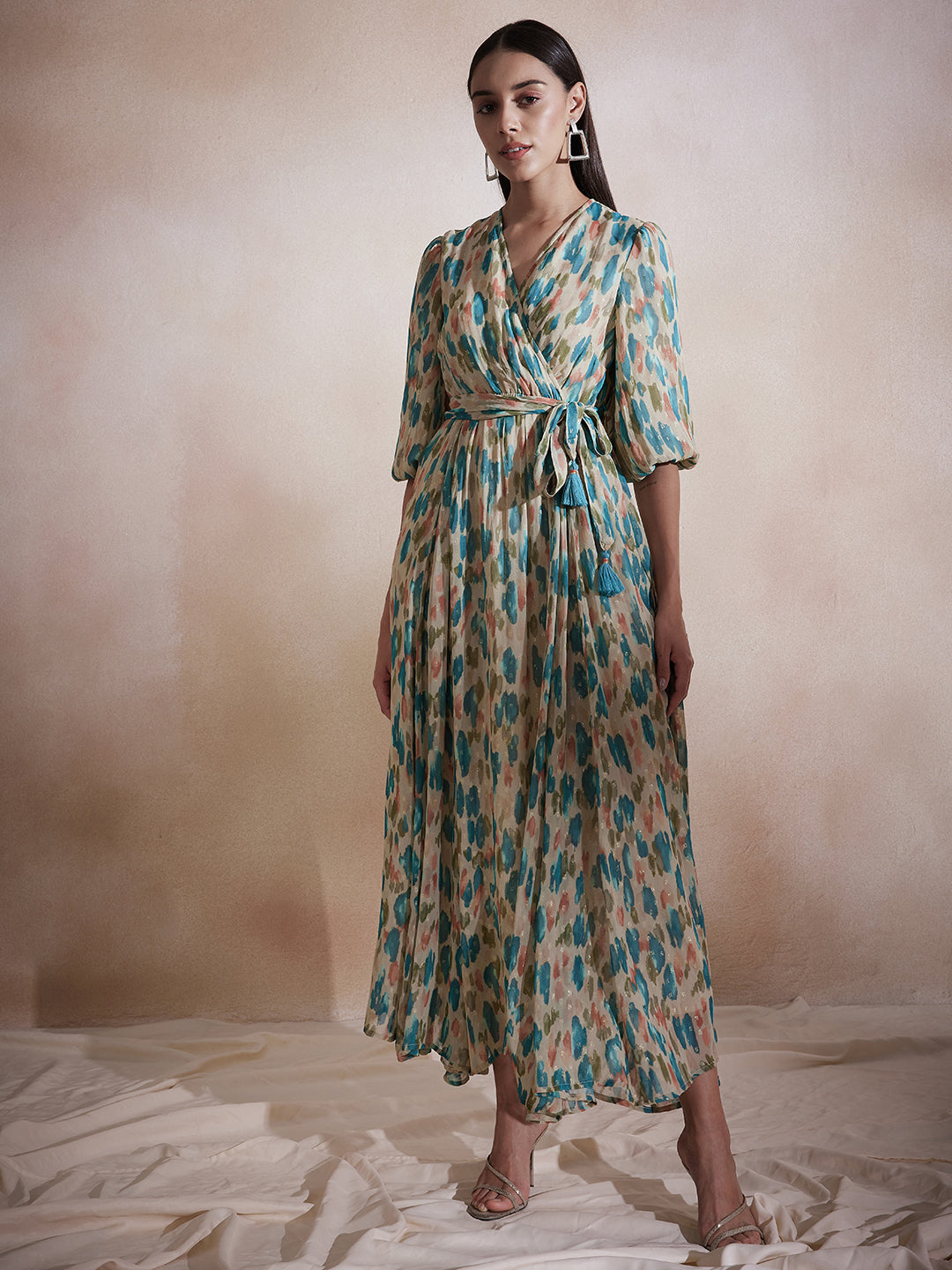Beige Abstract Lurex Wrap Maxi Dress