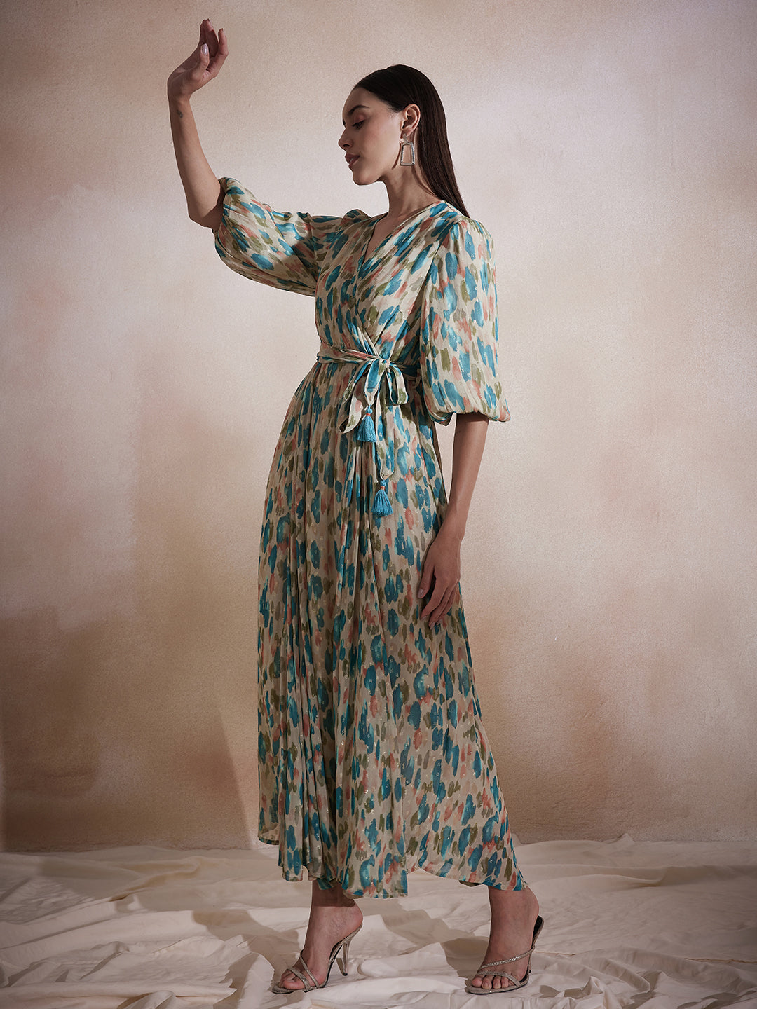 Beige Abstract Lurex Wrap Maxi Dress