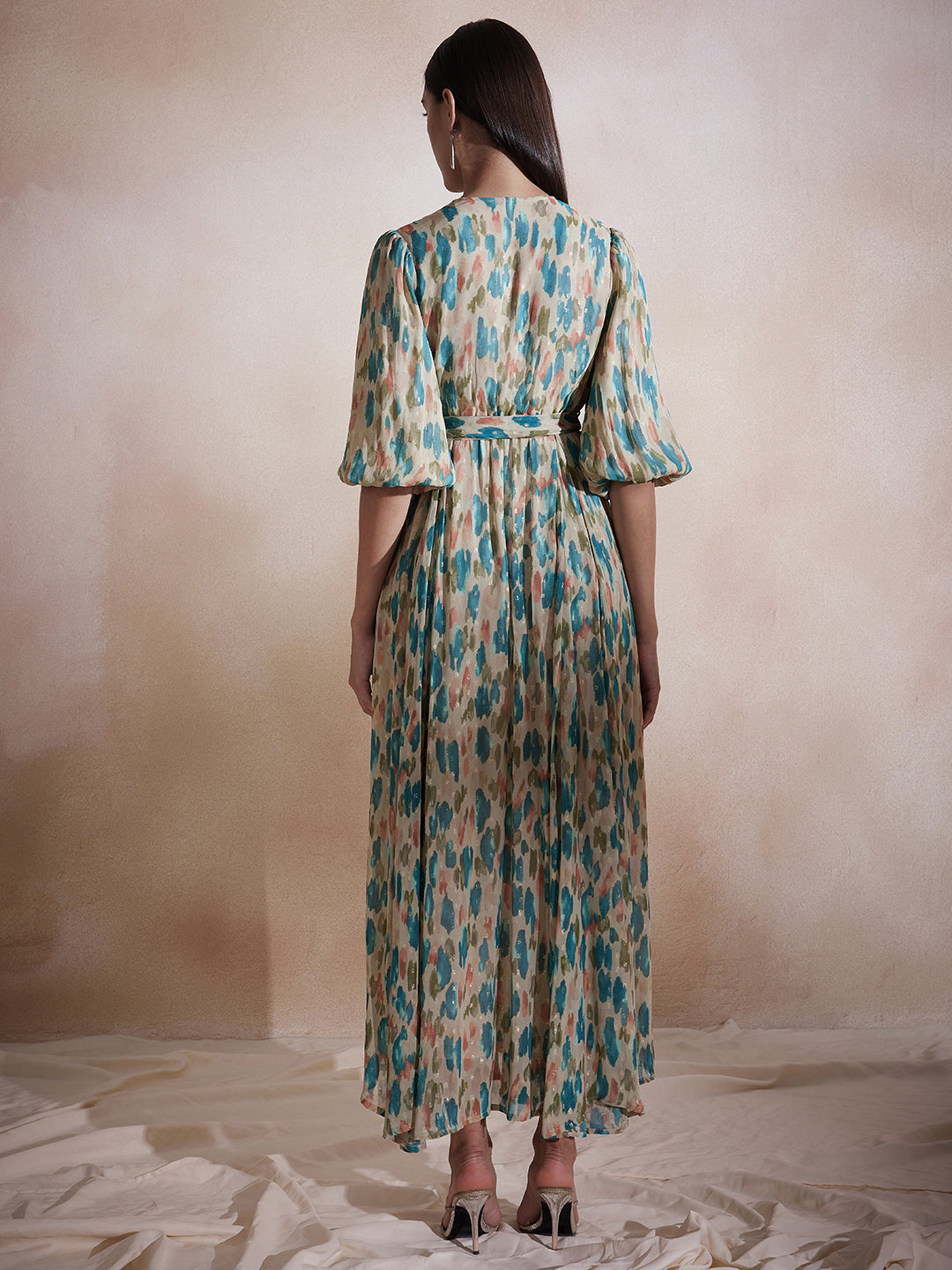 Beige Abstract Lurex Wrap Maxi Dress