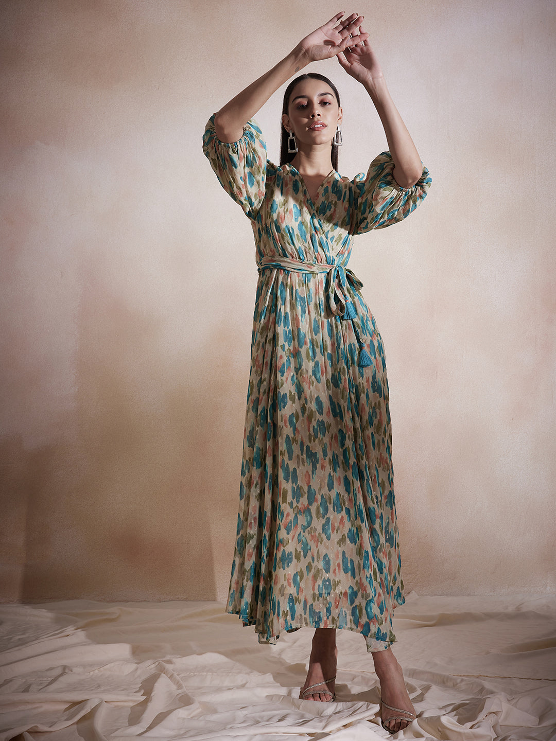Beige Abstract Lurex Wrap Maxi Dress