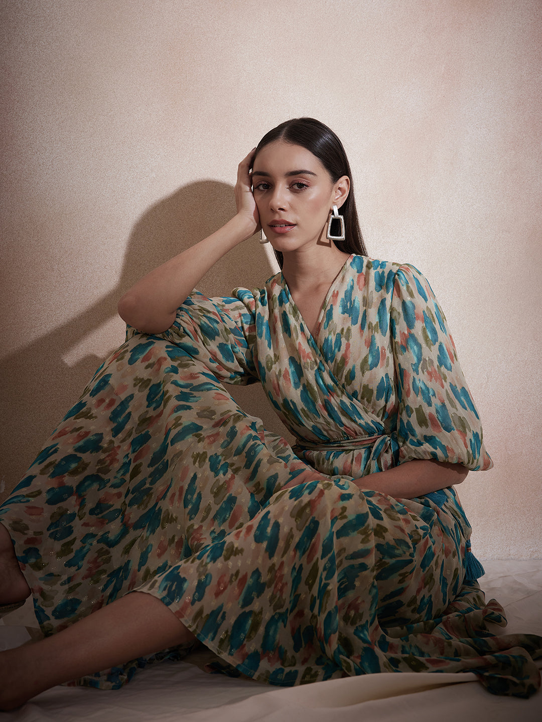 Beige Abstract Lurex Wrap Maxi Dress