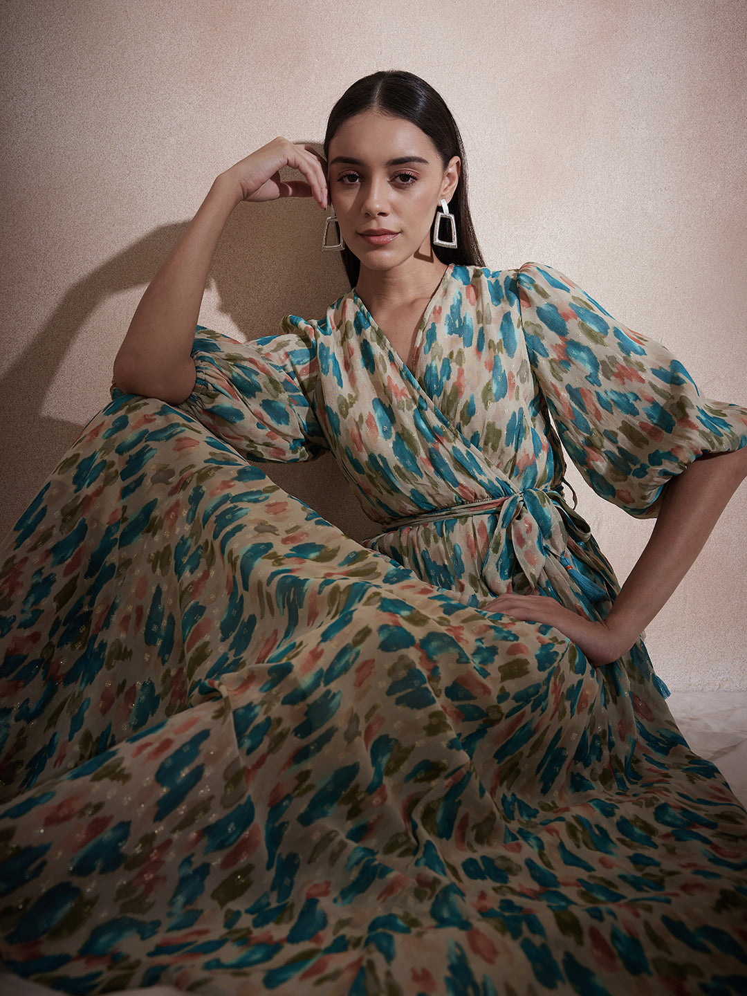 Beige Abstract Lurex Wrap Maxi Dress
