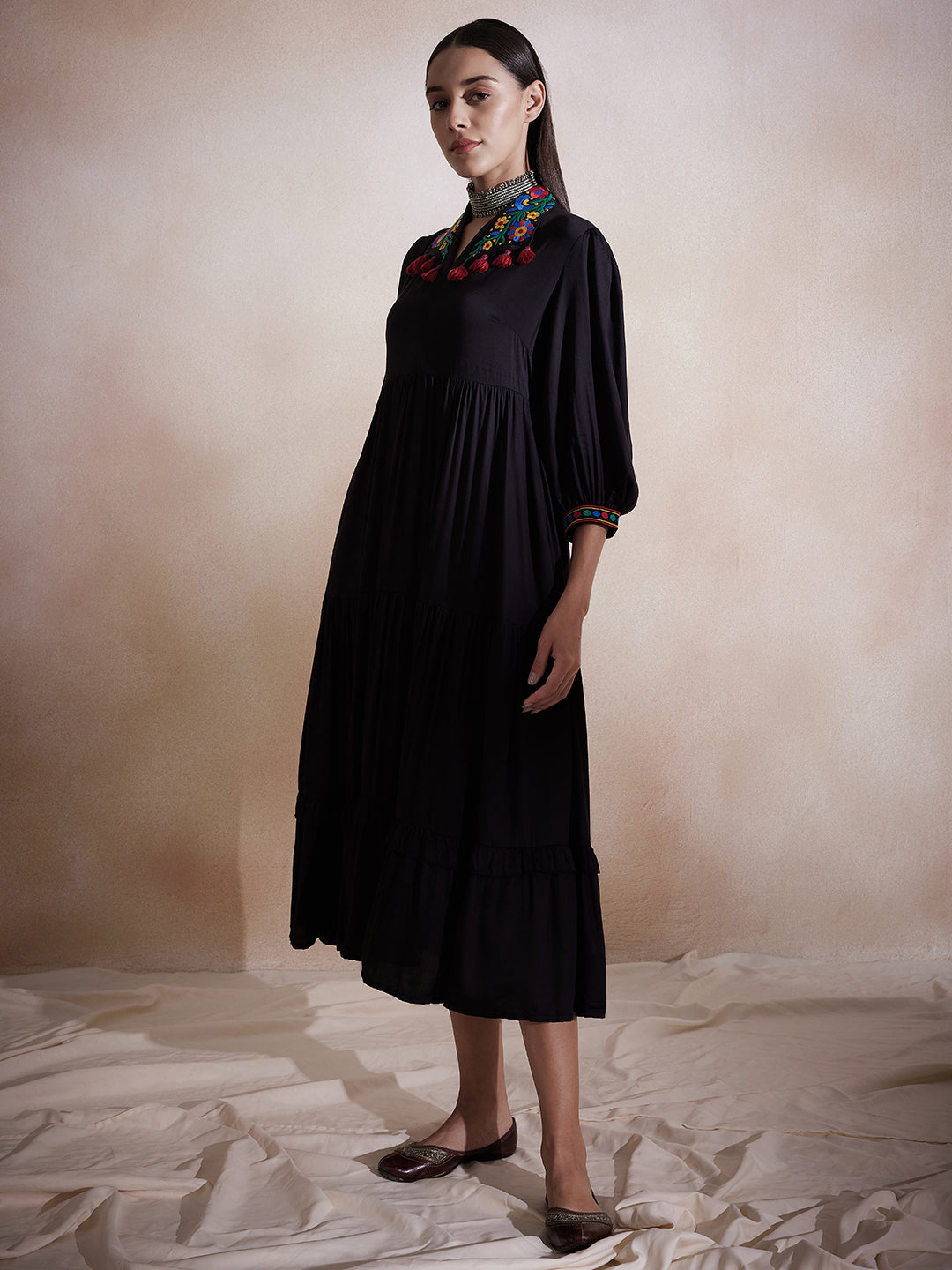 Black Solid Embroidered Collar Maxi Dress