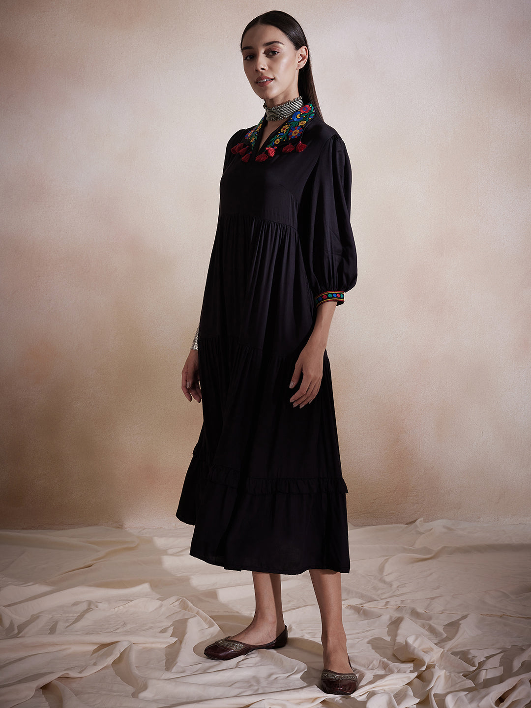 Black Solid Embroidered Collar Maxi Dress
